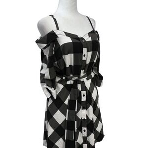Bar III Women's Black White Buffalo Plaid Off Shoulder Button Down Dress Size M